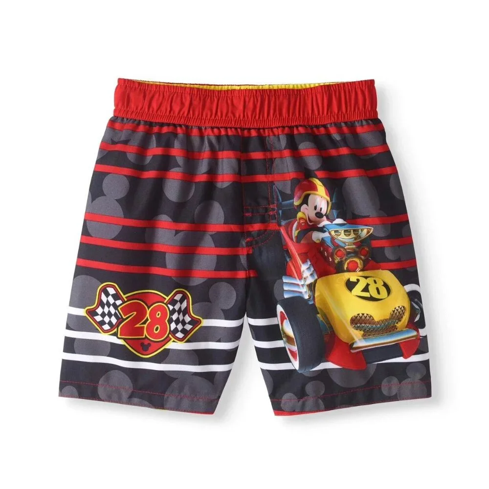 Disney Mickey Mouse Red & Black Racecar Mesh Lined Swim Trunks Toddler 3T